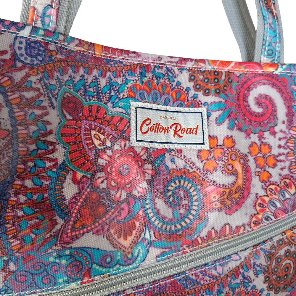 COTTON ROAD HANDBAG: Grey Paisley Colourful Print Shopper Bag zoom