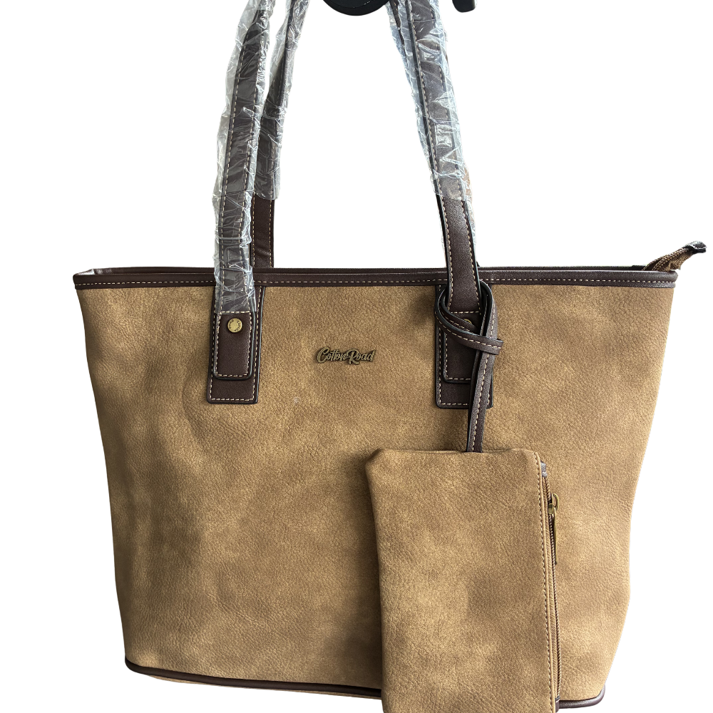 COTTON ROAD HANDBAG: KHAKI PU Leather VINTAGE TWO-TONE Tote with Pouch