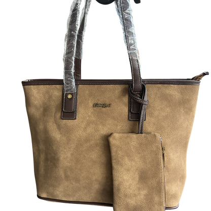 COTTON ROAD HANDBAG: KHAKI PU Leather VINTAGE TWO-TONE Tote with Pouch