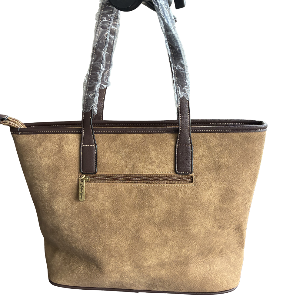 COTTON ROAD HANDBAG: KHAKI PU Leather VINTAGE TWO-TONE Tote with Pouch BACK