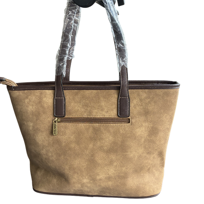 COTTON ROAD HANDBAG: KHAKI PU Leather VINTAGE TWO-TONE Tote with Pouch BACK