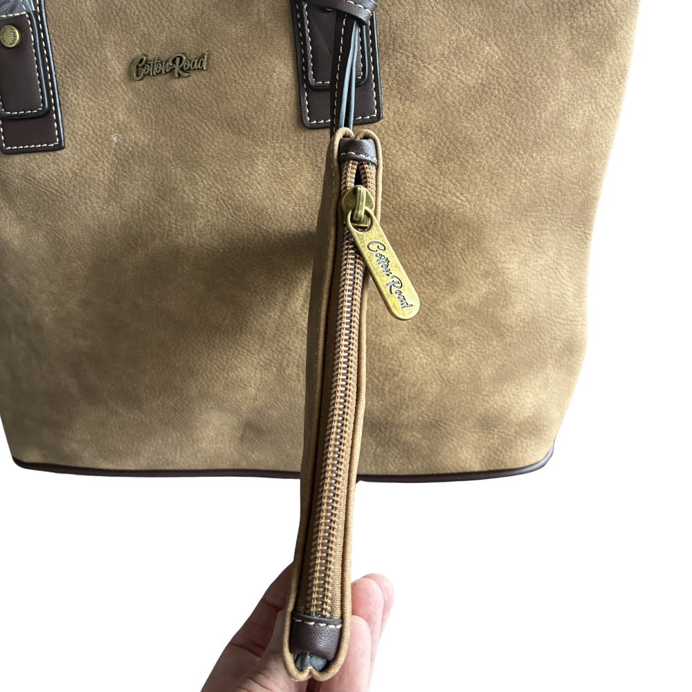 COTTON ROAD HANDBAG: KHAKI PU Leather VINTAGE TWO-TONE Tote with Pouch DETAIL