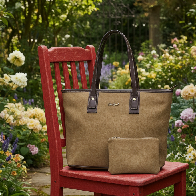 COTTON ROAD HANDBAG: KHAKI PU Leather VINTAGE TWO-TONE Tote with Pouch LIFESTYLE