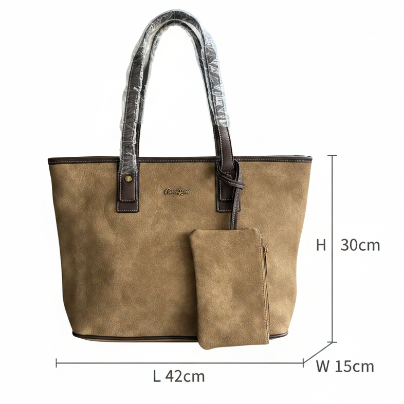 COTTON ROAD HANDBAG: KHAKI PU Leather VINTAGE TWO-TONE Tote with Pouch SIZE