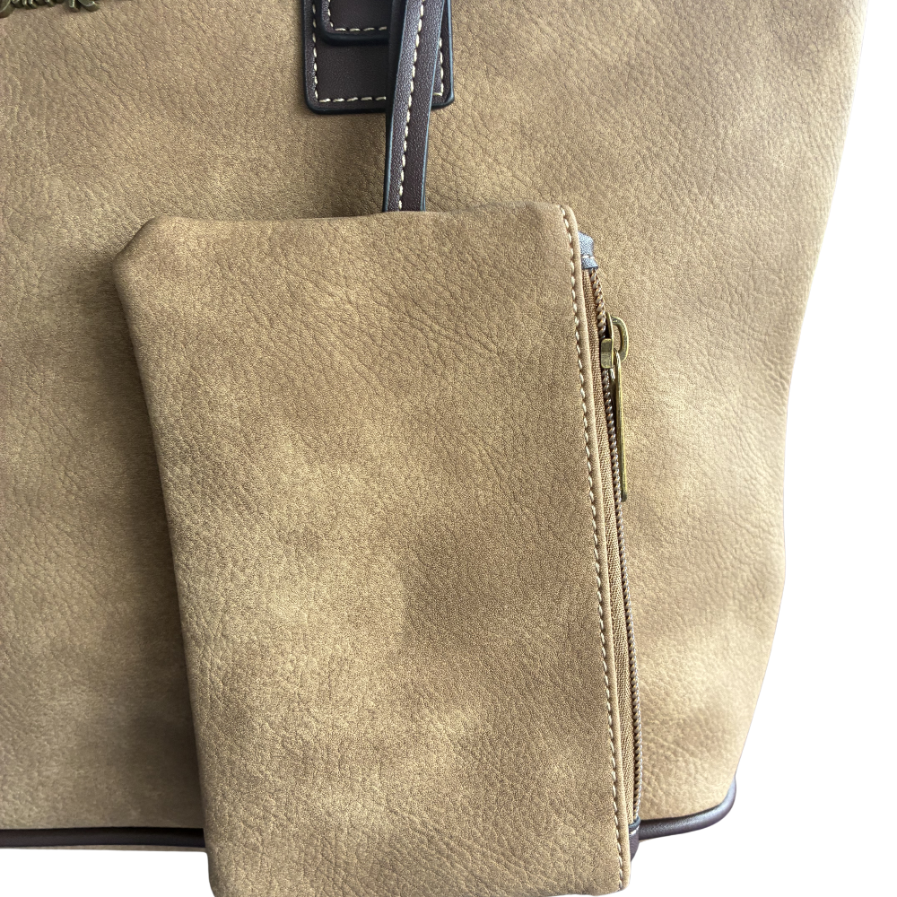 COTTON ROAD HANDBAG: KHAKI PU Leather VINTAGE TWO-TONE Tote with Pouch ZOOM