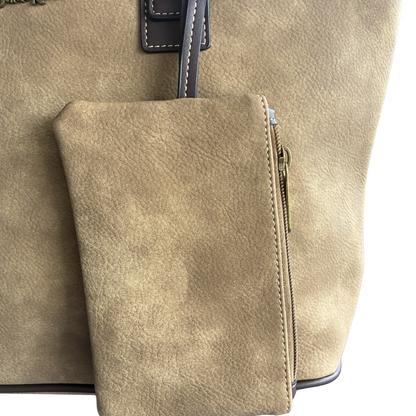 COTTON ROAD HANDBAG: KHAKI PU Leather VINTAGE TWO-TONE Tote with Pouch ZOOM