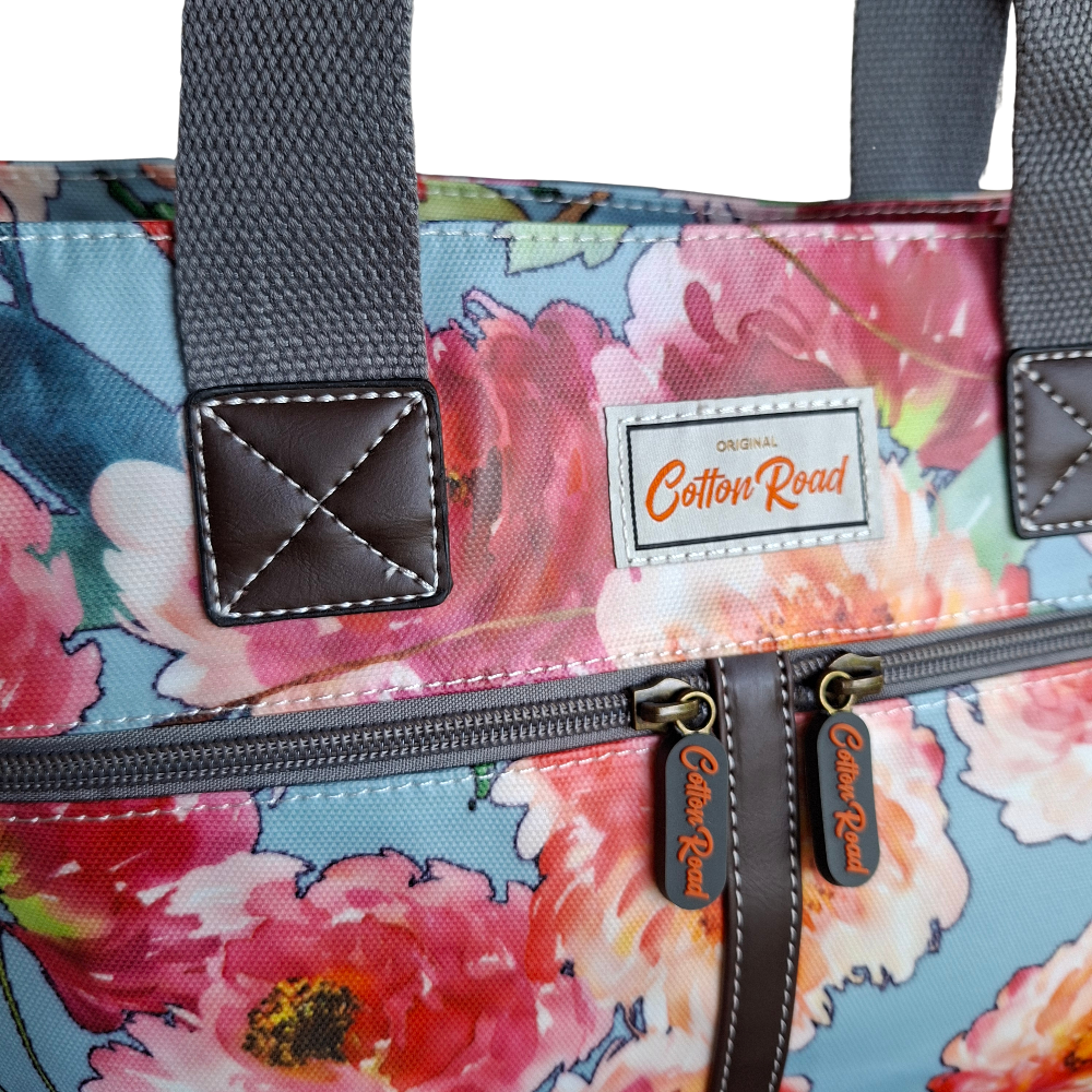COTTON ROAD HANDBAG: Light Blue PVC Tote with PINK Floral Print FRONT DETAIL