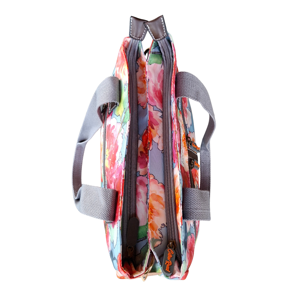 COTTON ROAD HANDBAG: Light Blue PVC Tote with PINK Floral Print FRONT ZIP TOP VIEW