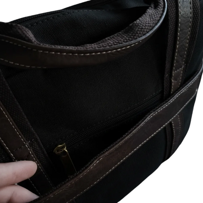 COTTON ROAD LAPTOP BAG: BLACK CANVAS MESSENGER BAG with PU Leather DETAIL 