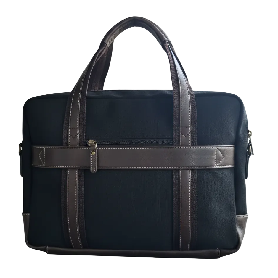 COTTON ROAD LAPTOP BAG: BLACK CANVAS MESSENGER BAG with PU Leather DETAIL BACK