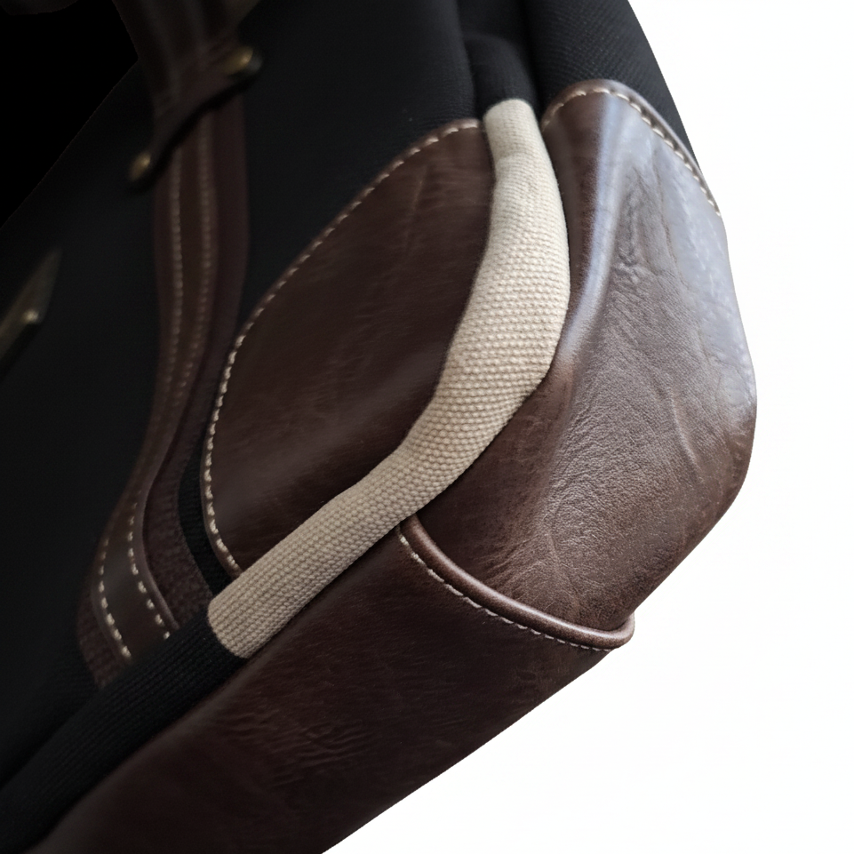 COTTON ROAD LAPTOP BAG: BLACK CANVAS MESSENGER BAG with PU Leather DETAIL BOTTOM