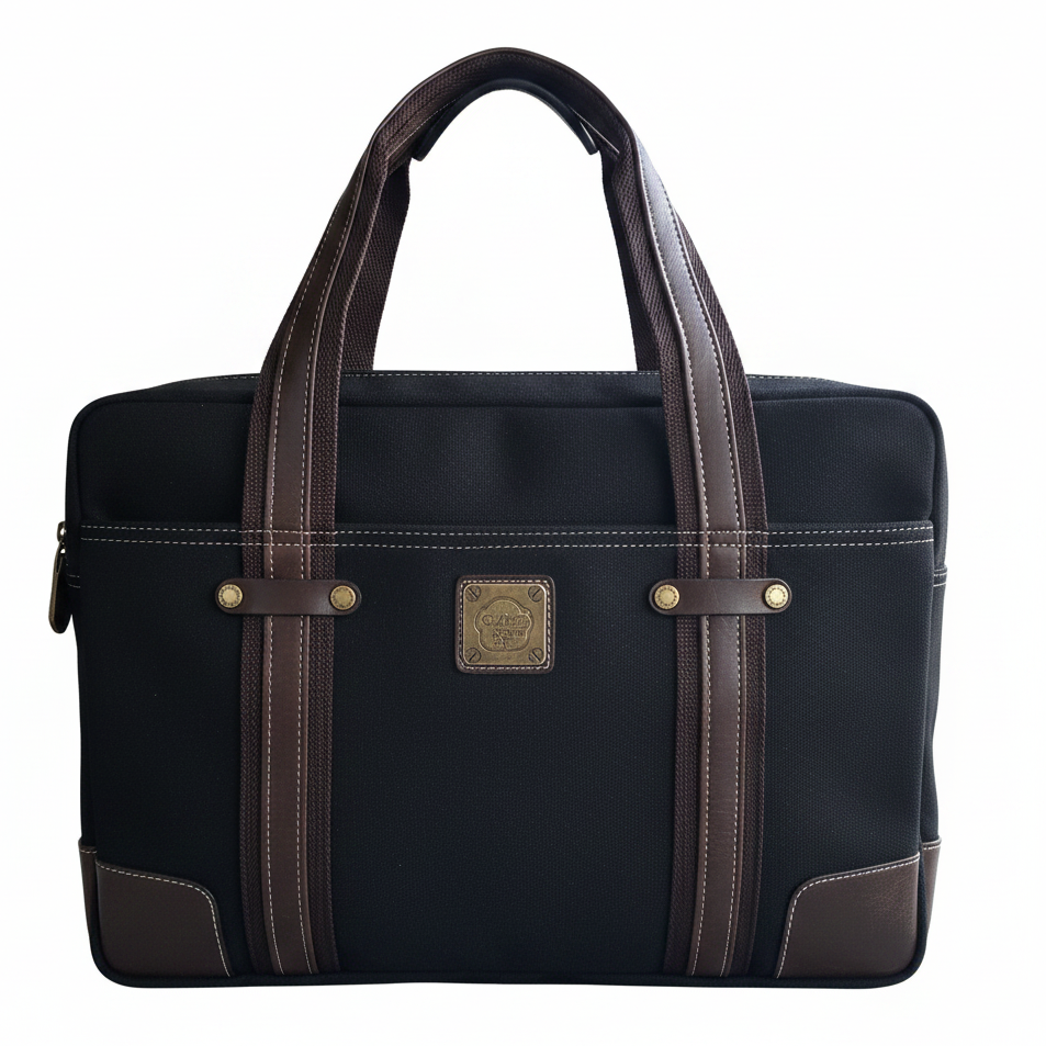 COTTON ROAD LAPTOP BAG: BLACK CANVAS MESSENGER BAG with PU Leather DETAIL FRONT