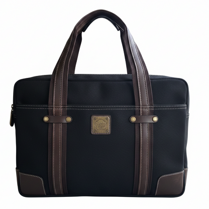 COTTON ROAD LAPTOP BAG: BLACK CANVAS MESSENGER BAG with PU Leather DETAIL FRONT