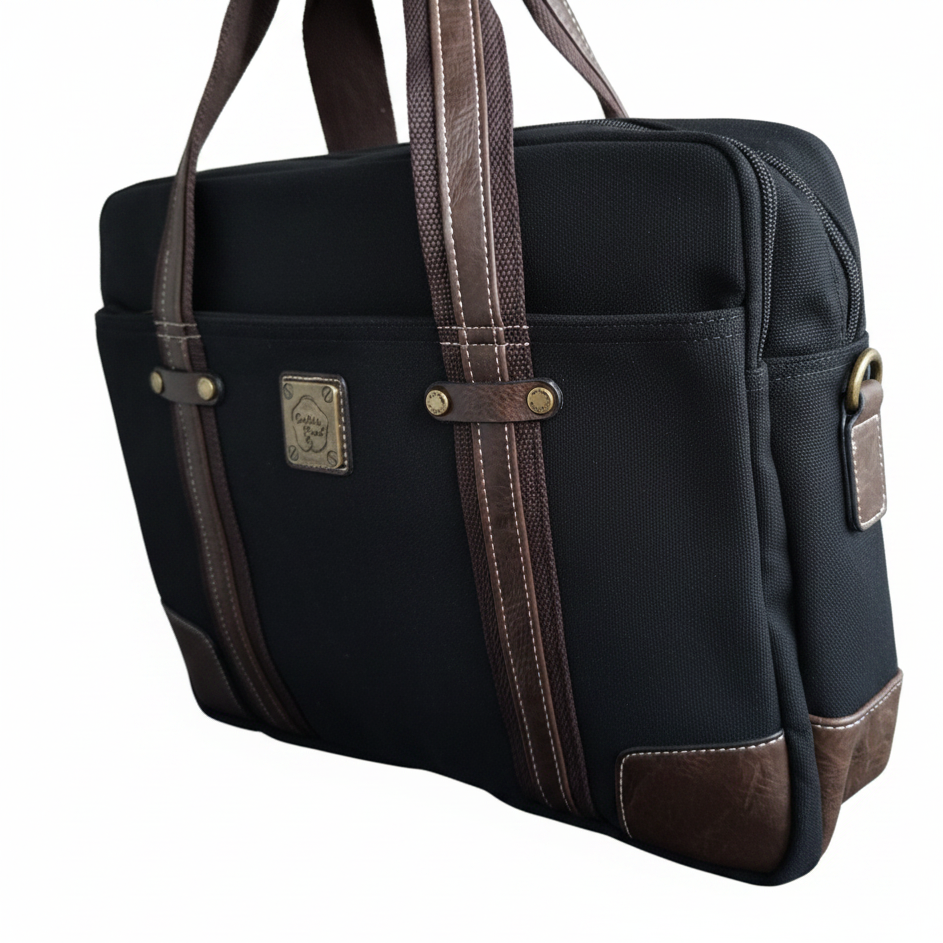 COTTON ROAD LAPTOP BAG: BLACK CANVAS MESSENGER BAG with PU Leather DETAIL FULL VIEW