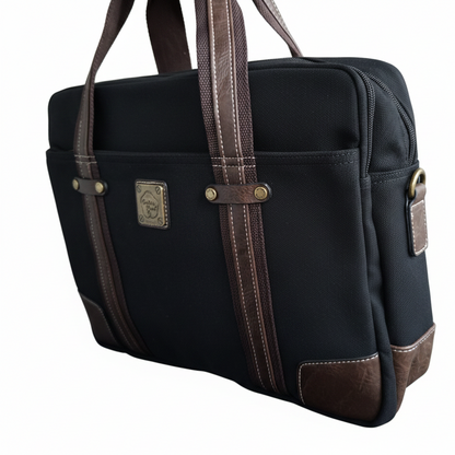 COTTON ROAD LAPTOP BAG: BLACK CANVAS MESSENGER BAG with PU Leather DETAIL FULL VIEW