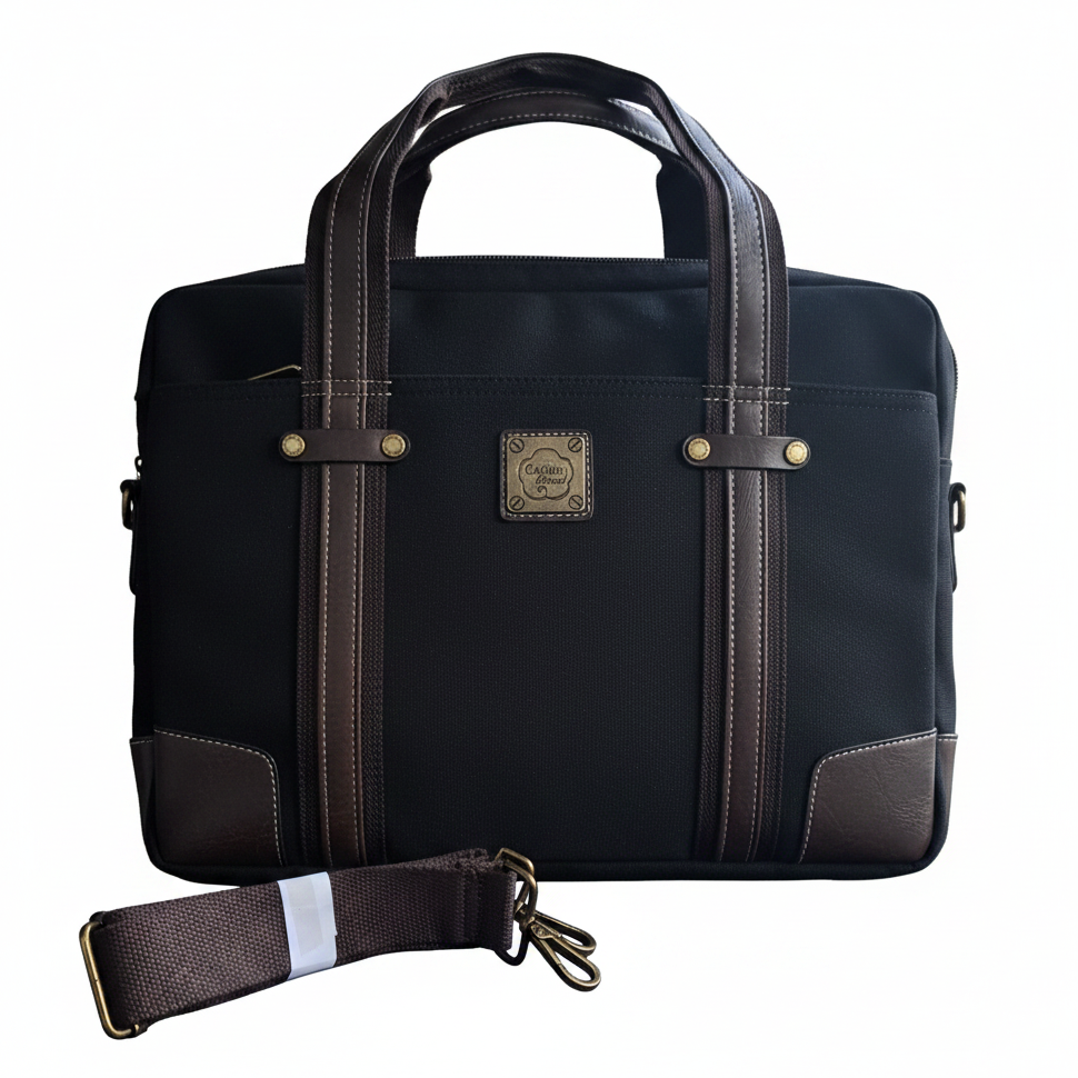 COTTON ROAD LAPTOP BAG: BLACK CANVAS MESSENGER BAG with PU Leather DETAIL SET