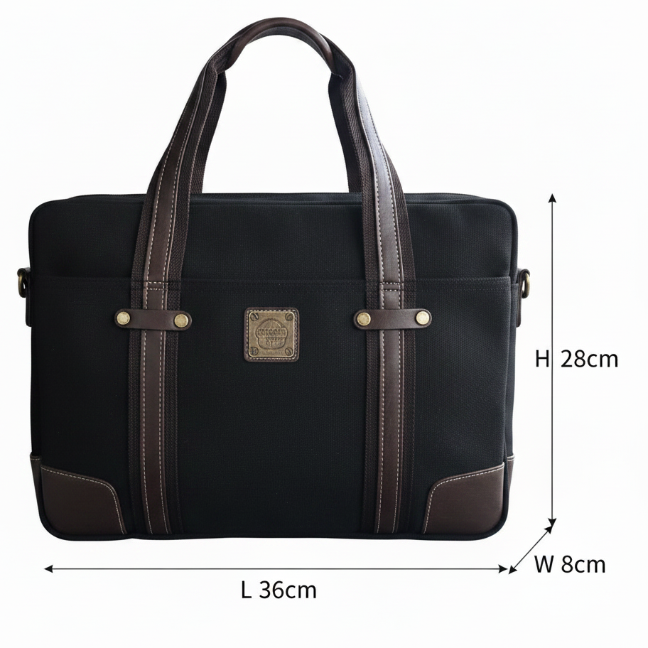 COTTON ROAD LAPTOP BAG: BLACK CANVAS MESSENGER BAG with PU Leather DETAIL SIZE