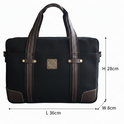 COTTON ROAD LAPTOP BAG: BLACK CANVAS MESSENGER BAG with PU Leather DETAIL SIZE