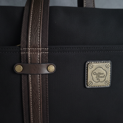 COTTON ROAD LAPTOP BAG: BLACK CANVAS MESSENGER BAG with PU Leather DETAIL ZOOM