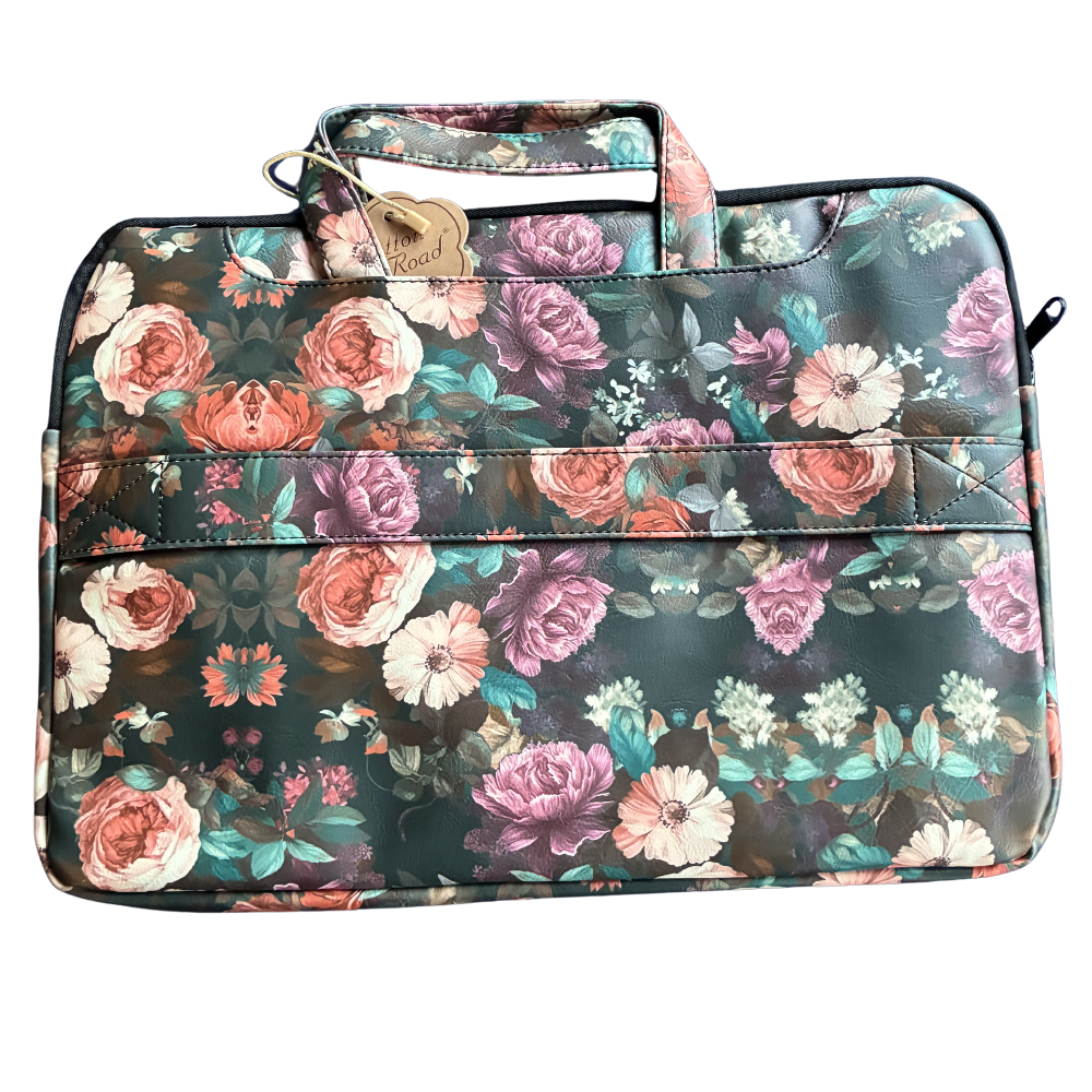 COTTON ROAD LAPTOP BAG: BLACK Floral PVC Carry Sleeve with Padded Inner BACK