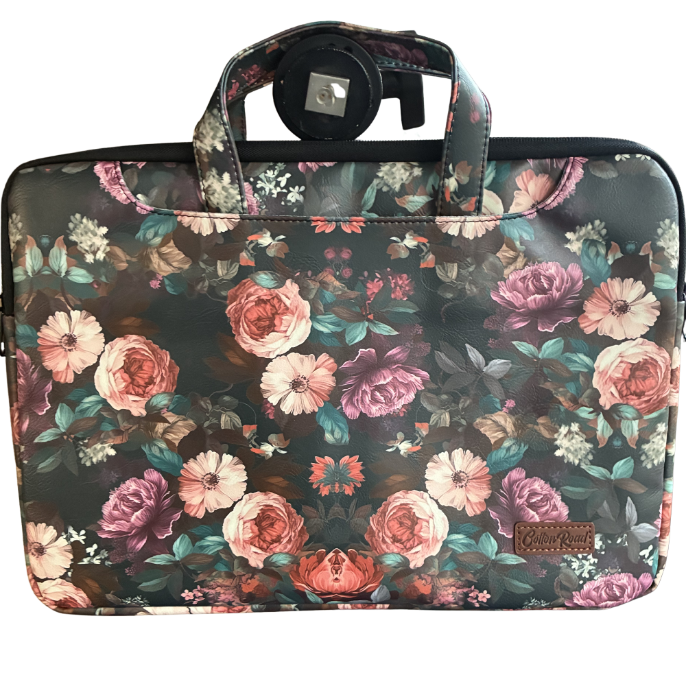COTTON ROAD LAPTOP BAG: BLACK Floral PVC Carry Sleeve with Padded Inner FRONT