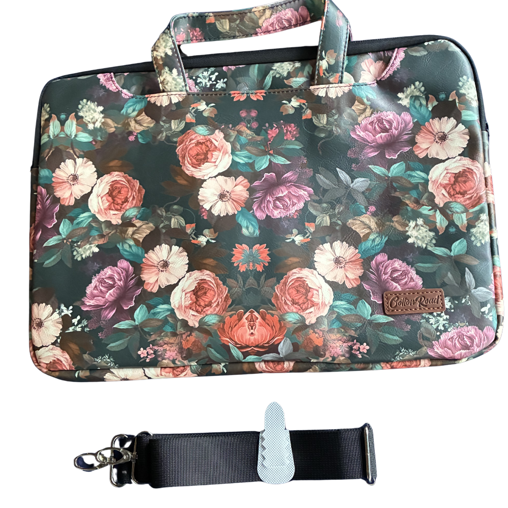 COTTON ROAD LAPTOP BAG: BLACK Floral PVC Carry Sleeve with Padded Inner SET