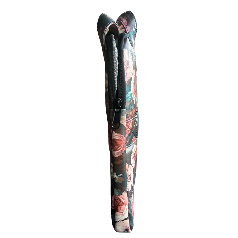 COTTON ROAD LAPTOP BAG: BLACK Floral PVC Carry Sleeve with Padded Inner SIDE