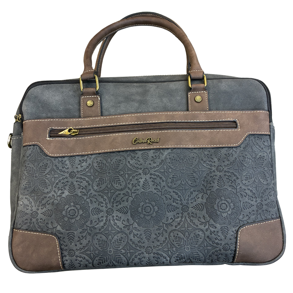 COTTON ROAD LAPTOP BAG: BLACK embossed PU LEATHER Bag with BROWN TRIM