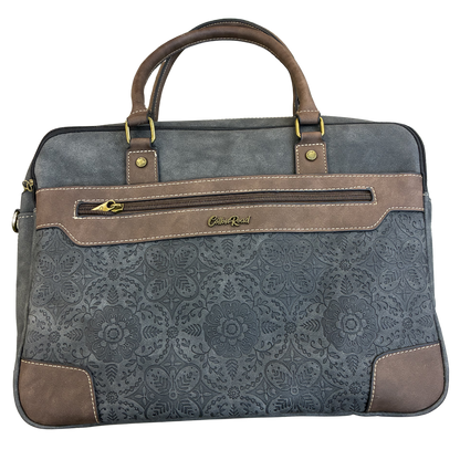 COTTON ROAD LAPTOP BAG: BLACK embossed PU LEATHER Bag with BROWN TRIM
