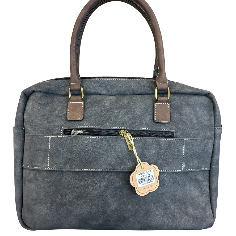 COTTON ROAD LAPTOP BAG: BLACK embossed PU LEATHER Bag with BROWN TRIM BACK