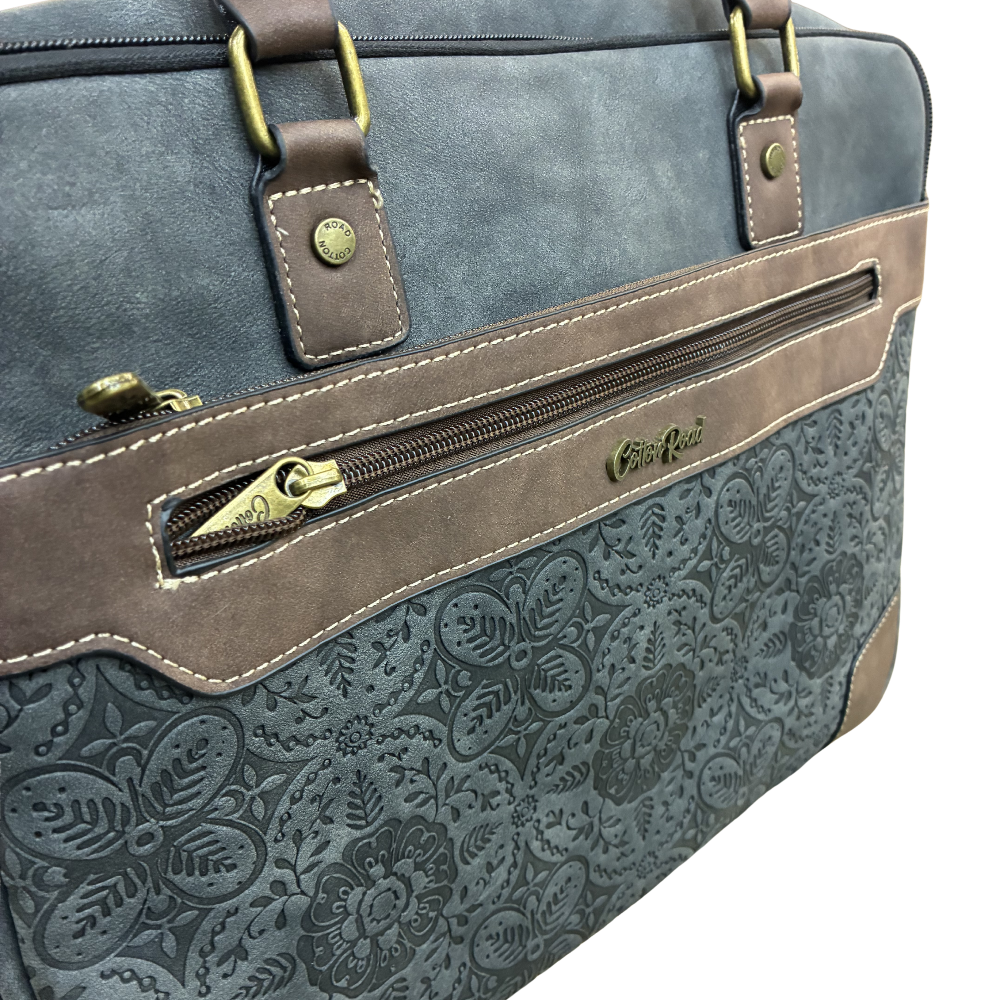 COTTON ROAD LAPTOP BAG: BLACK embossed PU LEATHER Bag with BROWN TRIM DETAILING