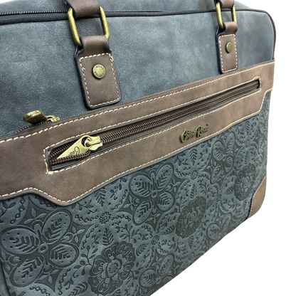 COTTON ROAD LAPTOP BAG: BLACK embossed PU LEATHER Bag with BROWN TRIM DETAILING