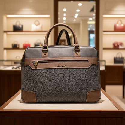 COTTON ROAD LAPTOP BAG: BLACK embossed PU LEATHER Bag with BROWN TRIM DISPLAY