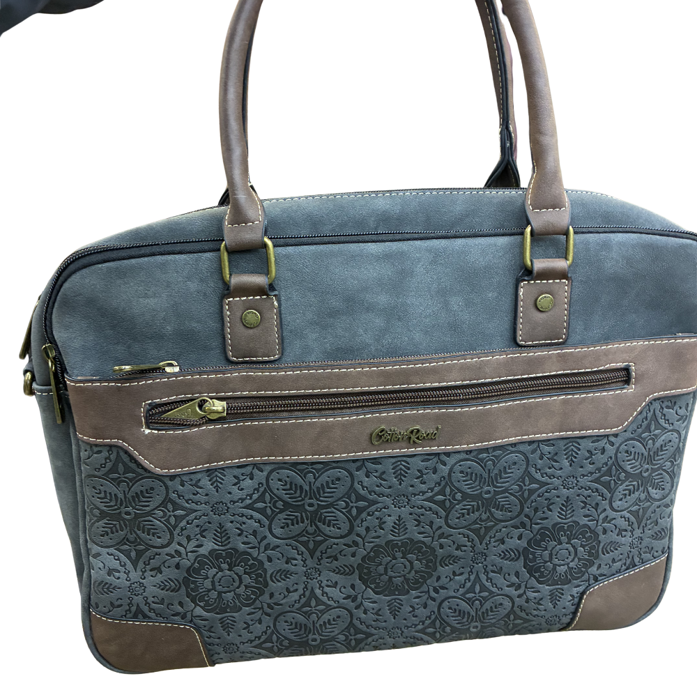 COTTON ROAD LAPTOP BAG: BLACK embossed PU LEATHER Bag with BROWN TRIM FRNT