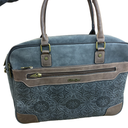 COTTON ROAD LAPTOP BAG: BLACK embossed PU LEATHER Bag with BROWN TRIM FRNT