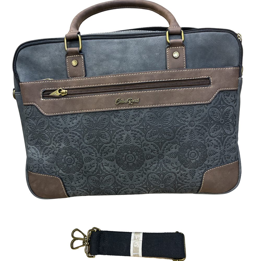 COTTON ROAD LAPTOP BAG: BLACK embossed PU LEATHER Bag with BROWN TRIM SETS