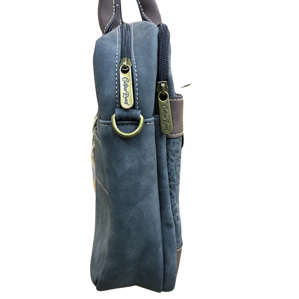COTTON ROAD LAPTOP BAG: BLACK embossed PU LEATHER Bag with BROWN TRIM SIDE