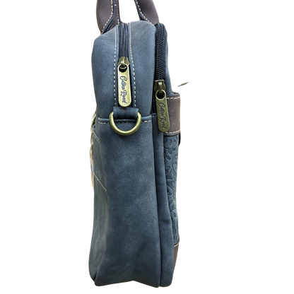 COTTON ROAD LAPTOP BAG: BLACK embossed PU LEATHER Bag with BROWN TRIM SIDE
