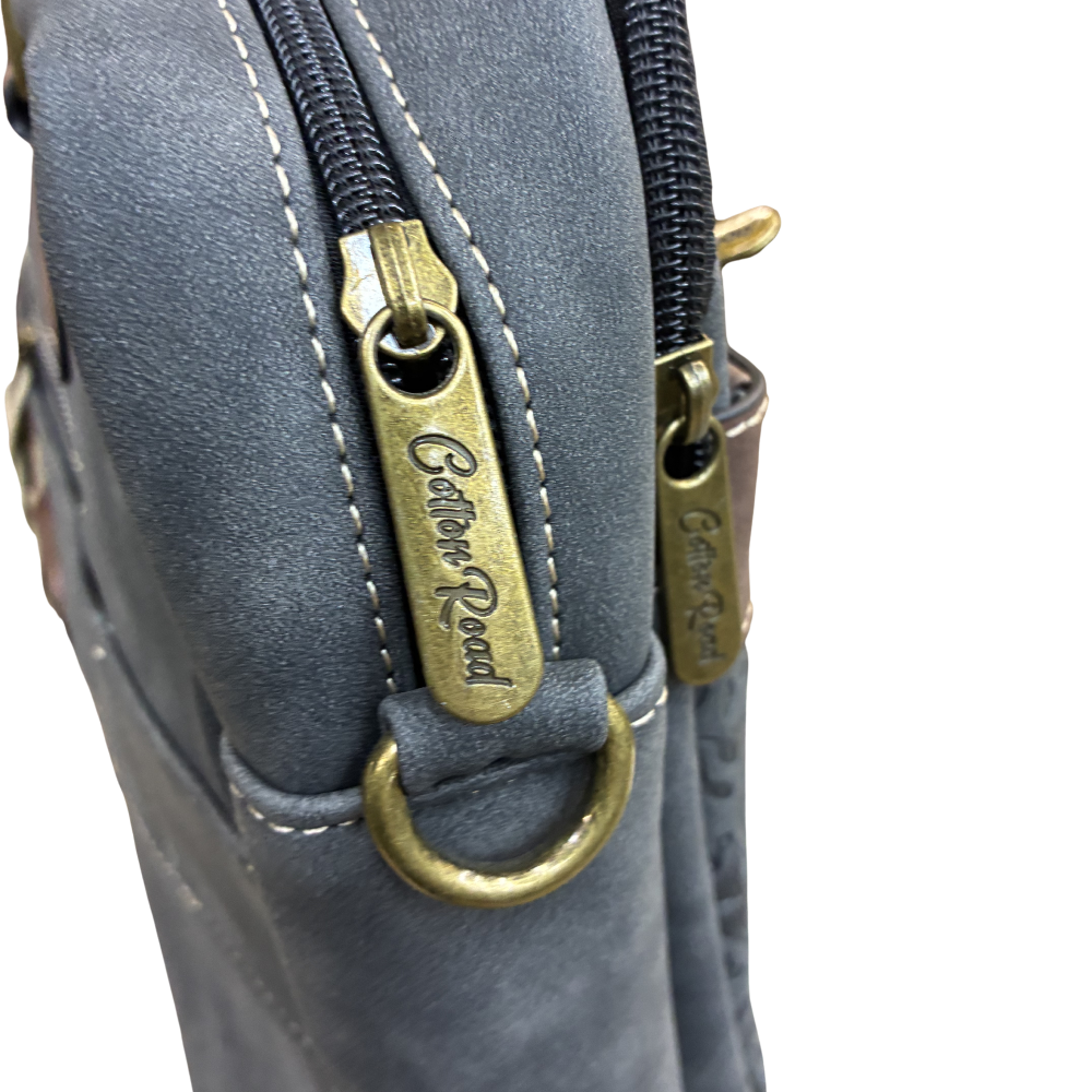 COTTON ROAD LAPTOP BAG: BLACK embossed PU LEATHER Bag with BROWN TRIM ZIPS