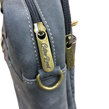 COTTON ROAD LAPTOP BAG: BLACK embossed PU LEATHER Bag with BROWN TRIM ZIPS