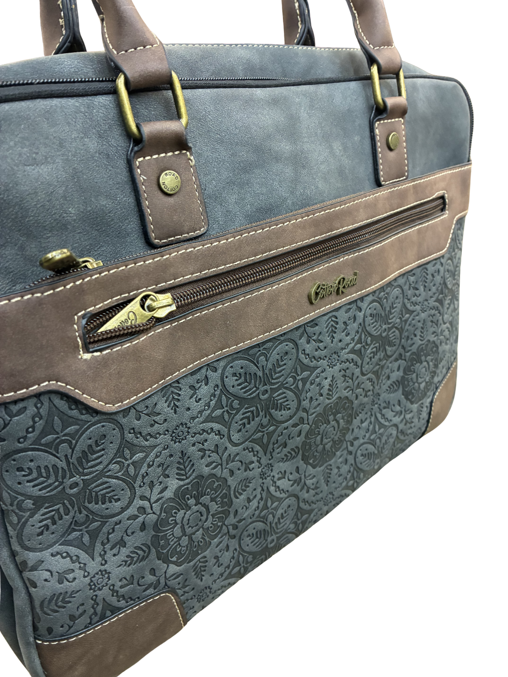 COTTON ROAD LAPTOP BAG: BLACK embossed PU LEATHER Bag with BROWN TRIM ZOOM