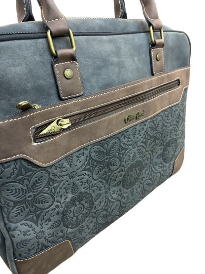 COTTON ROAD LAPTOP BAG: BLACK embossed PU LEATHER Bag with BROWN TRIM ZOOM