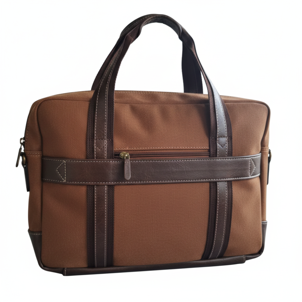 COTTON ROAD LAPTOP BAG: BROWN CANVAS MESSENGER BAG with PU Leather DETAIL BACK