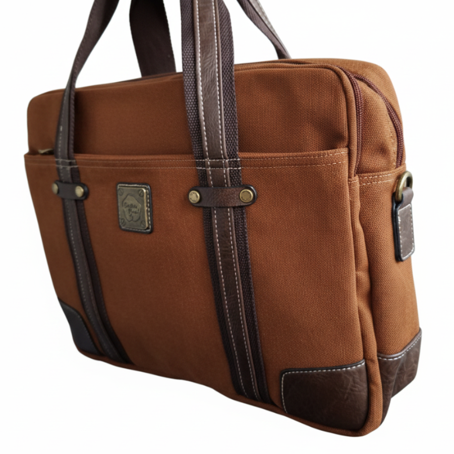 COTTON ROAD LAPTOP BAG: BROWN CANVAS MESSENGER BAG with PU Leather DETAIL FULL