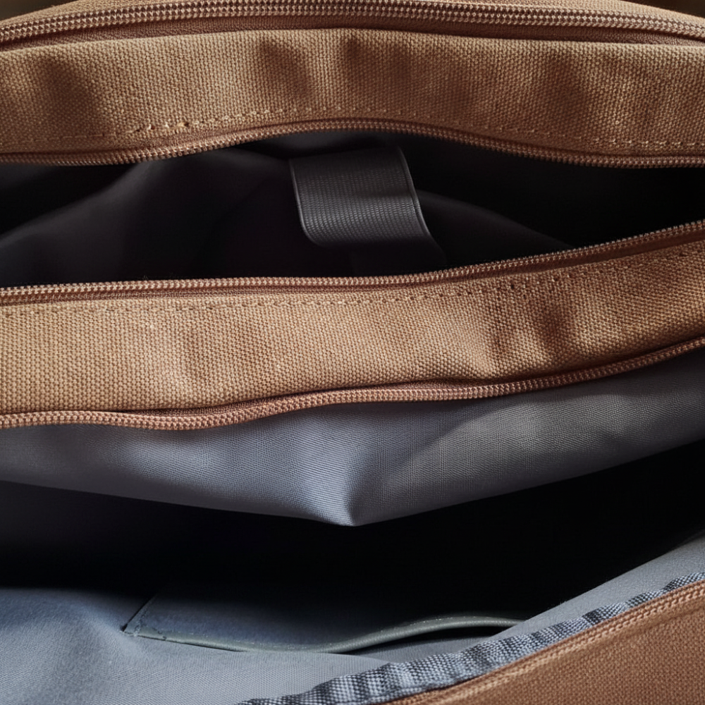 COTTON ROAD LAPTOP BAG: BROWN CANVAS MESSENGER BAG with PU Leather DETAIL OPEN