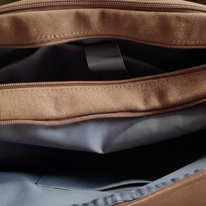 COTTON ROAD LAPTOP BAG: BROWN CANVAS MESSENGER BAG with PU Leather DETAIL OPEN