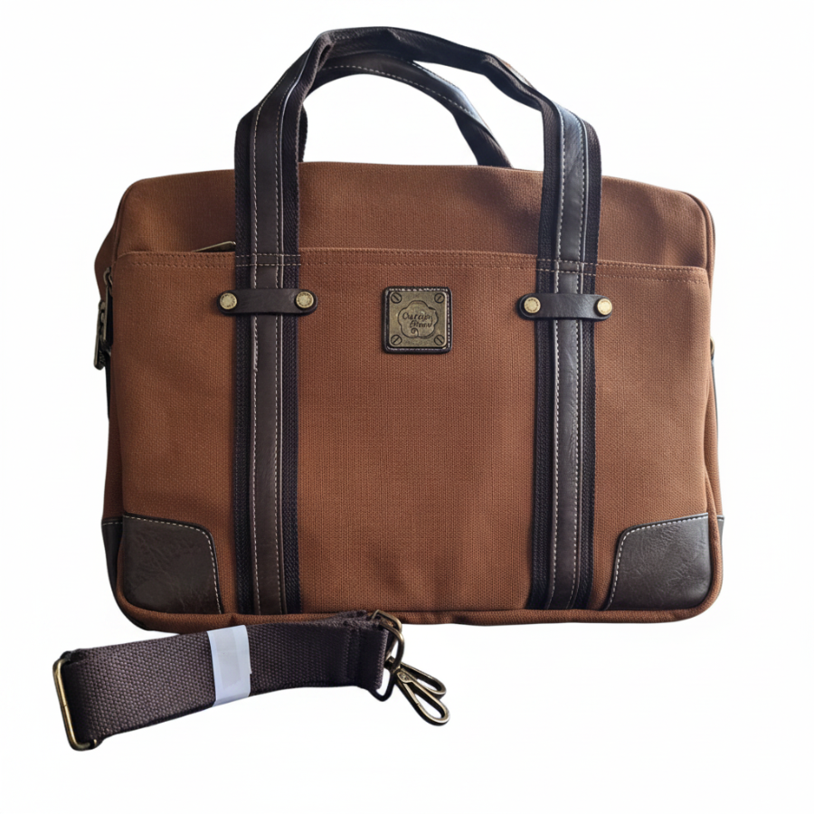 COTTON ROAD LAPTOP BAG: BROWN CANVAS MESSENGER BAG with PU Leather DETAIL SET