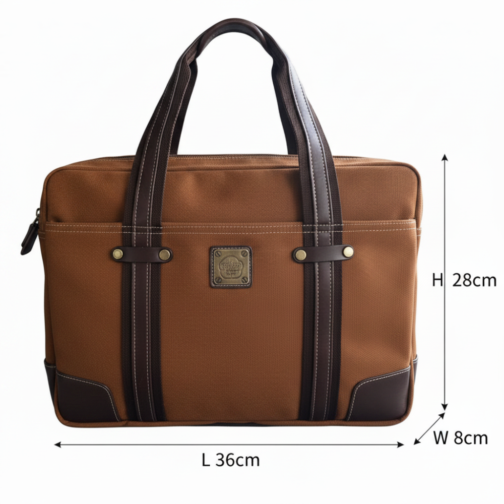 COTTON ROAD LAPTOP BAG: BROWN CANVAS MESSENGER BAG with PU Leather DETAIL SIZE