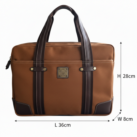 COTTON ROAD LAPTOP BAG: BROWN CANVAS MESSENGER BAG with PU Leather DETAIL SIZE