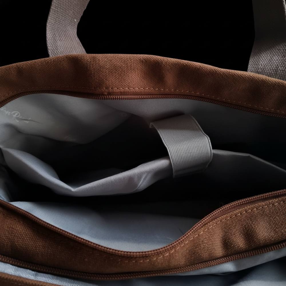 COTTON ROAD LAPTOP BAG: BROWN CANVAS MESSENGER BAG with PU Leather DETAIL TOP OPEN